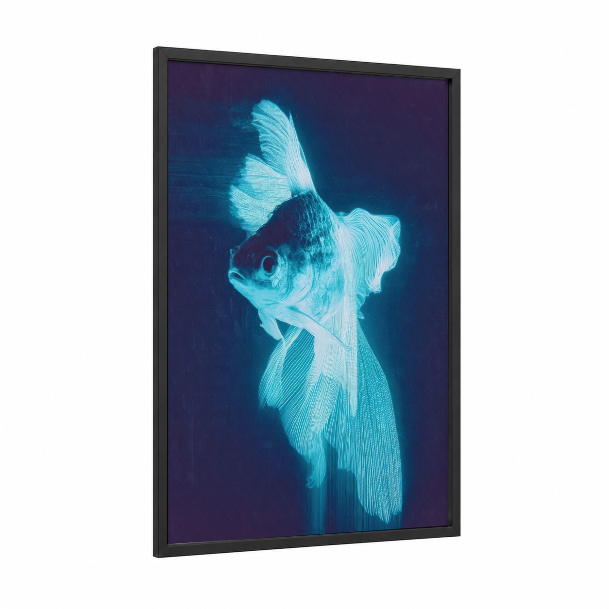Neon Goldfish framed art print — black wood frame — blue and teal palette