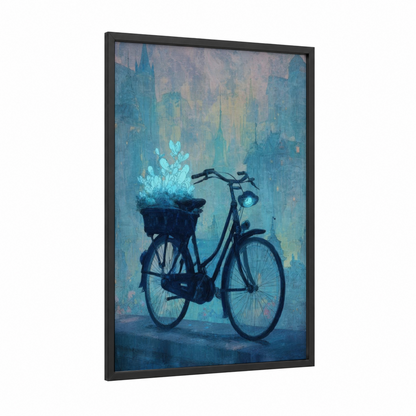 Midnight Bicycle Garden framed urban bicycle print — black wood frame — blue and dark blue palette