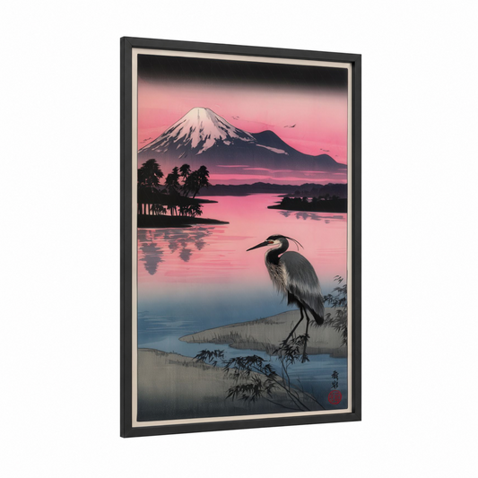 Pink Heron Sunset framed art print — black wood frame — salmon pink and blue and gray palette