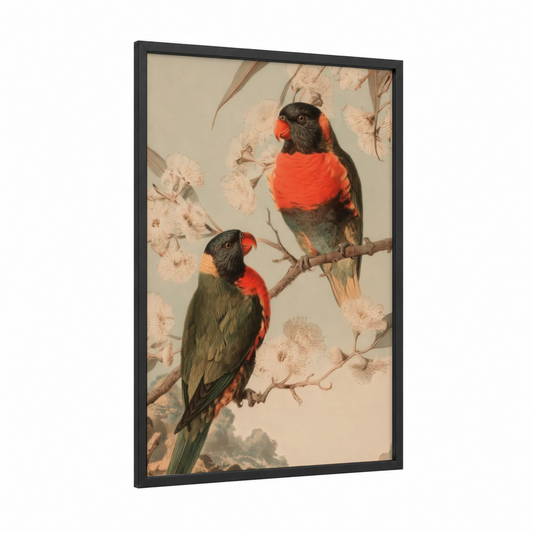 Crimson Lorikeets framed rainbow lorikeet print — black wood frame — cream and red palette