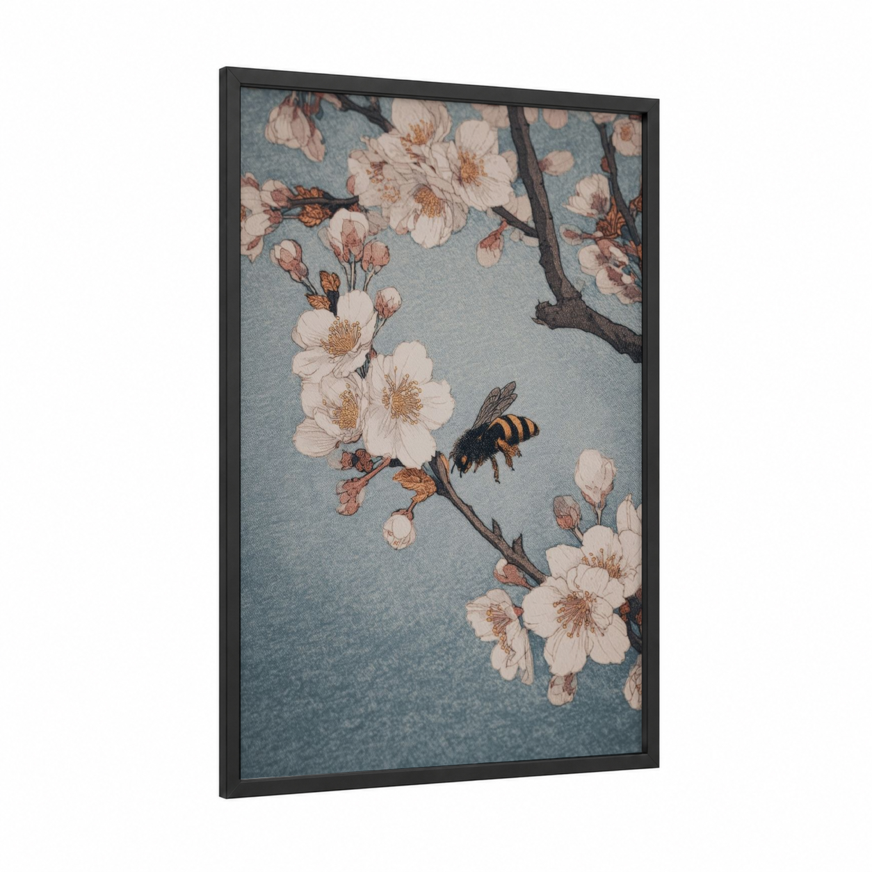 Blossoming Bee framed art print — black wood frame — blue and white and gold palette