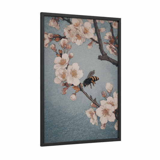 Blossoming Bee framed art print — black wood frame — blue and white and gold palette
