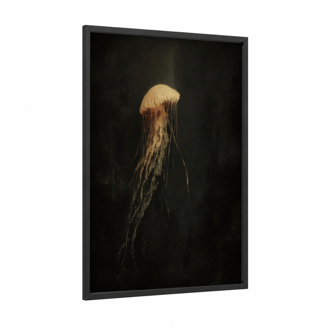 Golden Jellyfish framed art print — black wood frame — gold and black palette