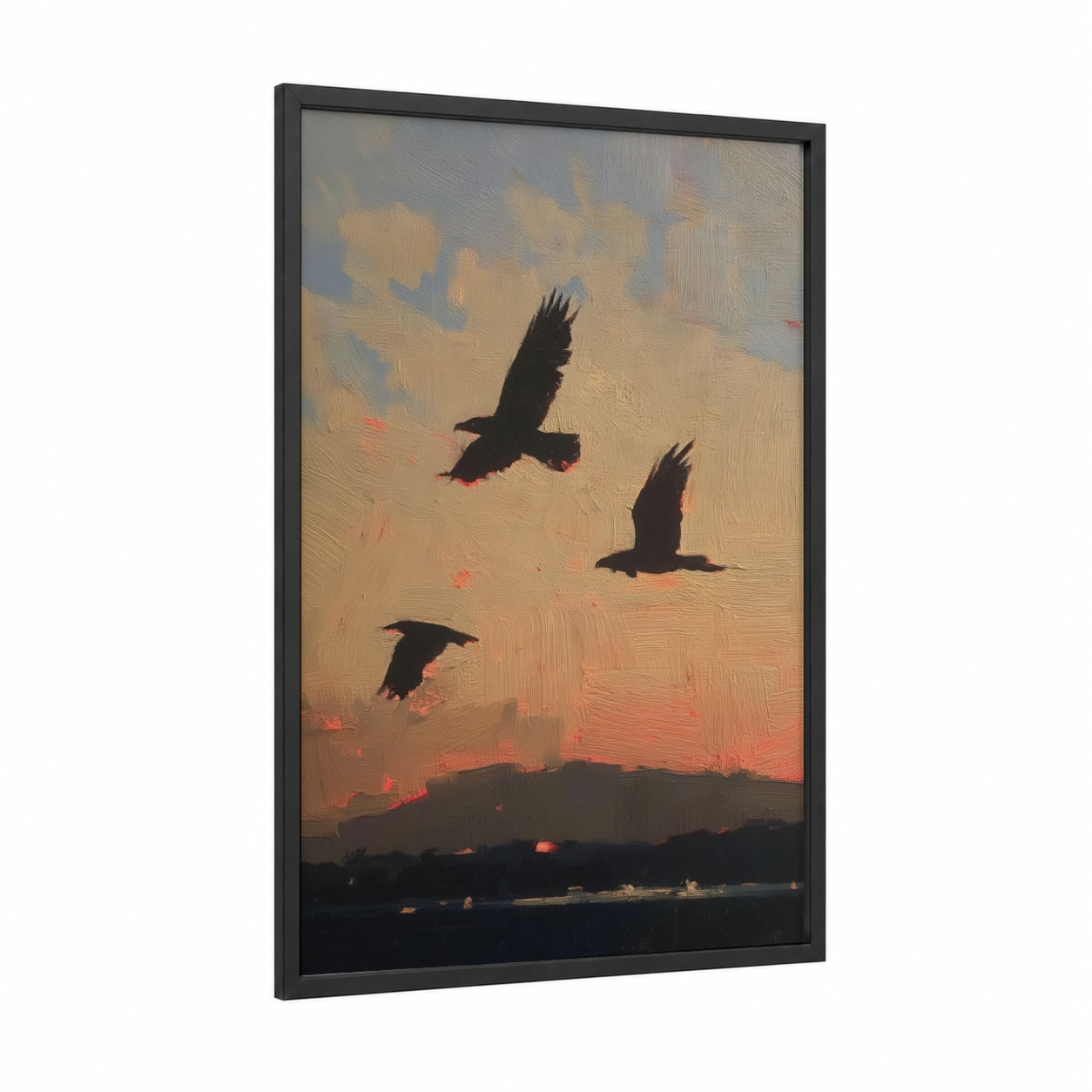 Sunset Ravens framed crows and ravens print — black wood frame — gold and peach palette