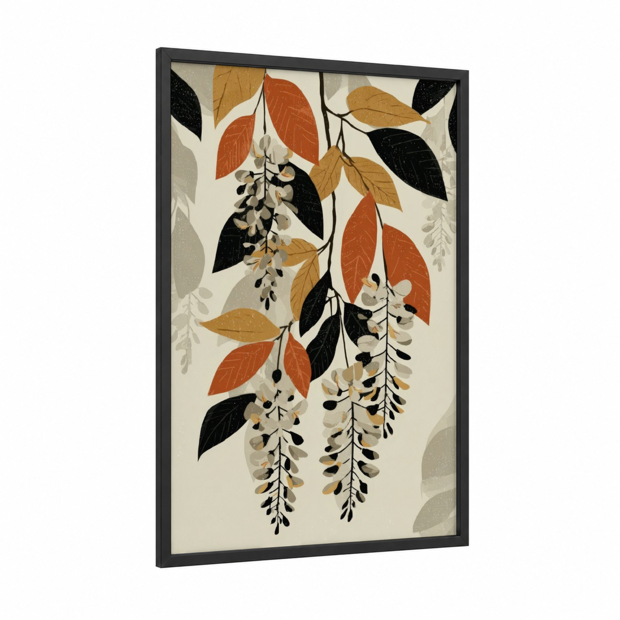 Autumn Wisteria framed art print — black wood frame — gold and black palette