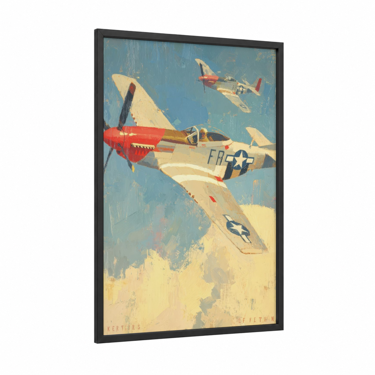 Vintage Fighter Squadron framed military plane print — black wood frame — blue and cream palette