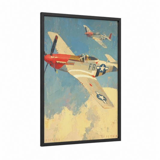 Vintage Fighter Squadron framed military plane print — black wood frame — blue and cream palette
