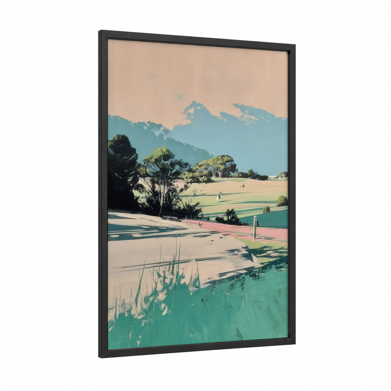 Alpine Pastoral framed various landscapes print — black wood frame — light green and blue palette