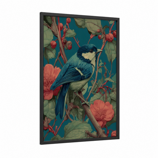 Garden Songbird framed art print — black wood frame — teal and salmon pink palette