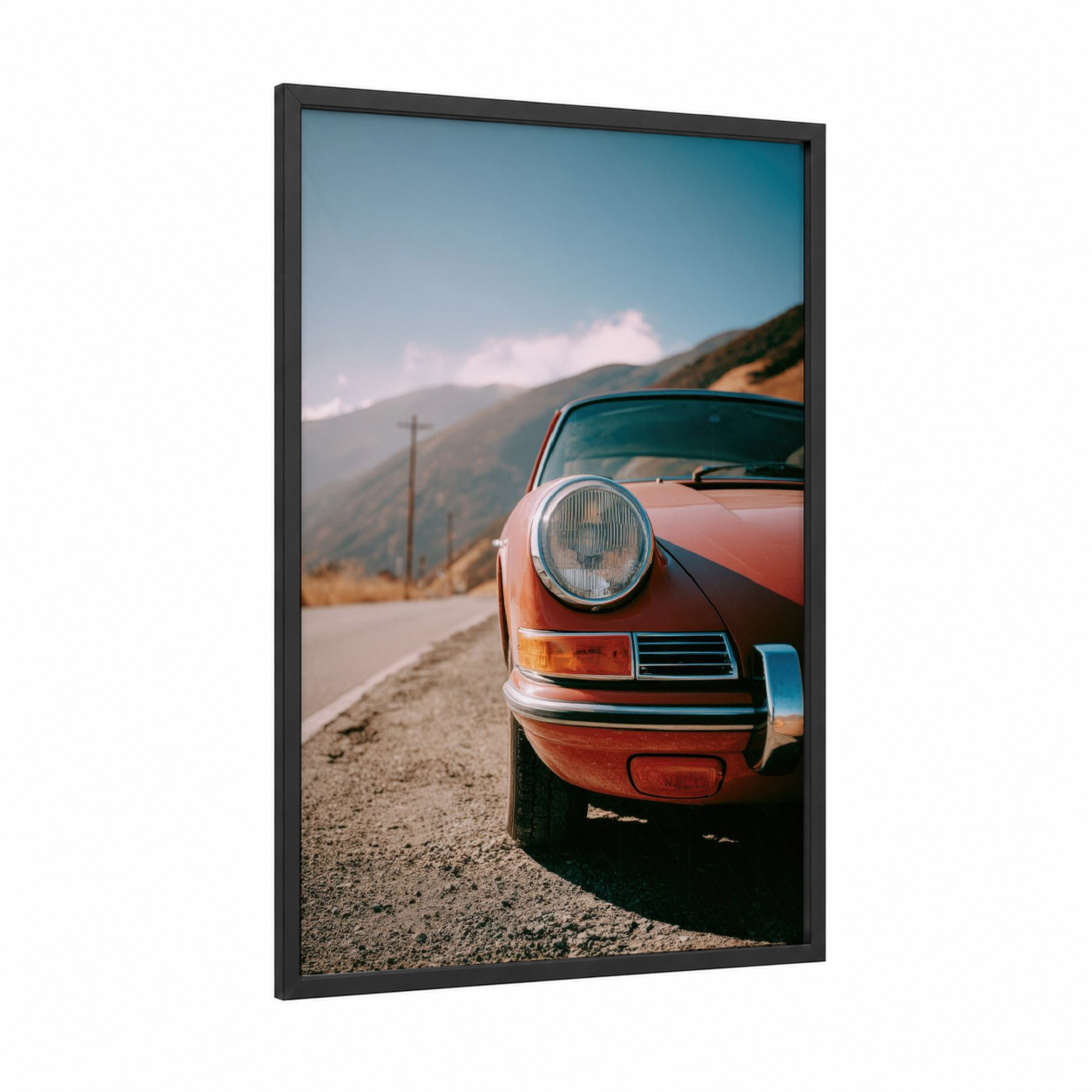 Vintage Roadster framed sports car print — black wood frame — russet and teal palette