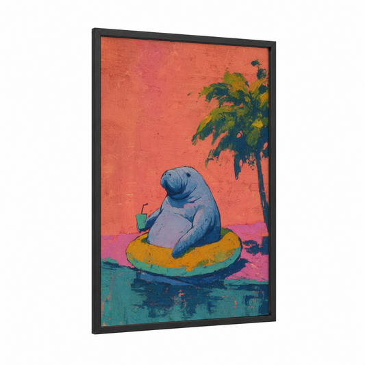 Tropical Manatee framed manatees print — black wood frame — orange and teal palette