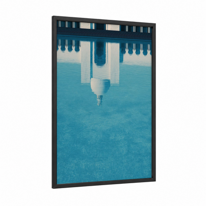 Mosque Reflection framed art print — black wood frame — blue and white palette