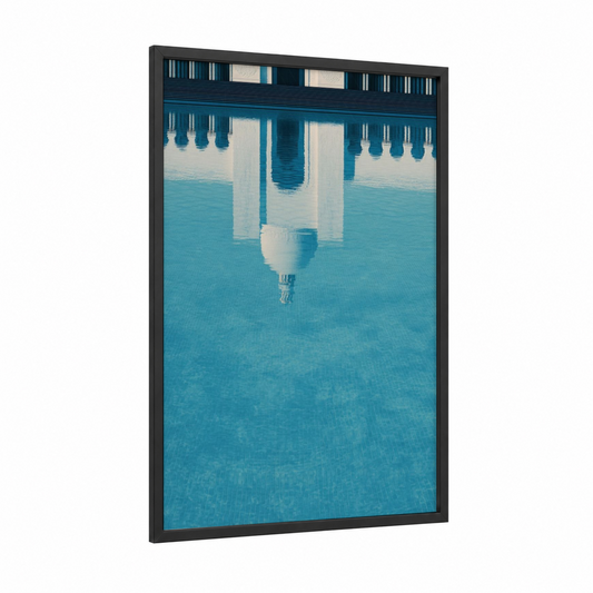 Mosque Reflection framed art print — black wood frame — blue and white palette