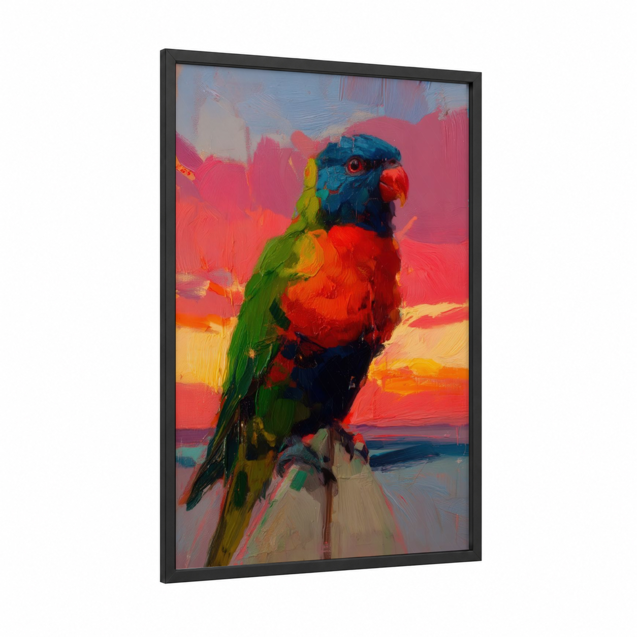 Crimson Lorikeet framed rainbow lorikeet print — black wood frame — red and blue and green palette