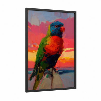 Crimson Lorikeet framed rainbow lorikeet print — black wood frame — red and blue and green palette