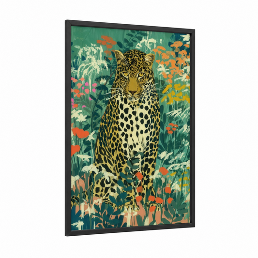 Golden Leopard framed art print — black wood frame — gold and true green palette