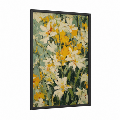 Daffodil Garden framed lily print — black wood frame — yellow gold and sage green palette