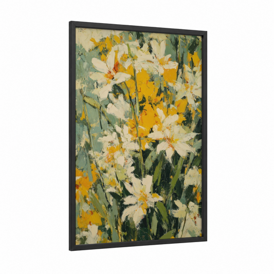 Daffodil Garden framed lily print — black wood frame — yellow gold and sage green palette