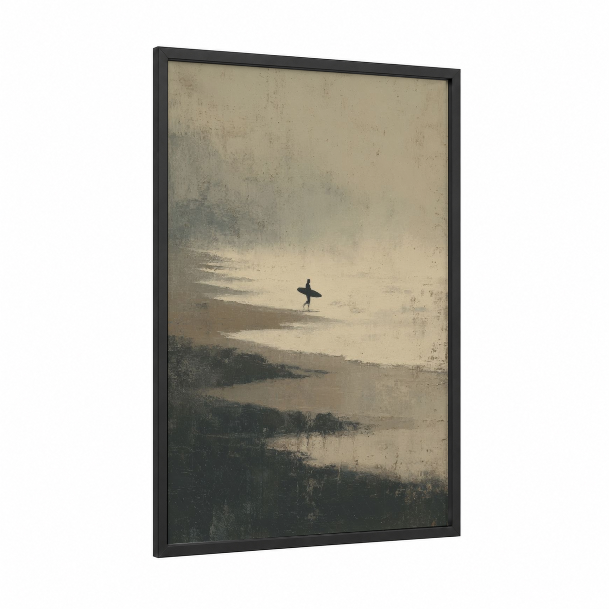 Solitary Surfer framed surfing print — black wood frame — beige and dove gray palette
