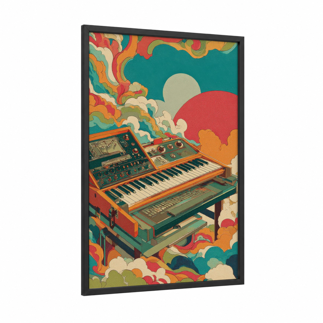 Retro Synthesizer framed keyboard print — black wood frame — red and teal palette