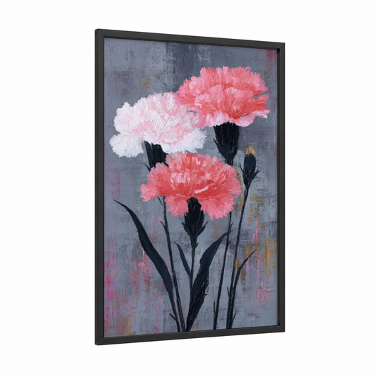 Blushing Carnations framed art print — black wood frame — pink and gray palette