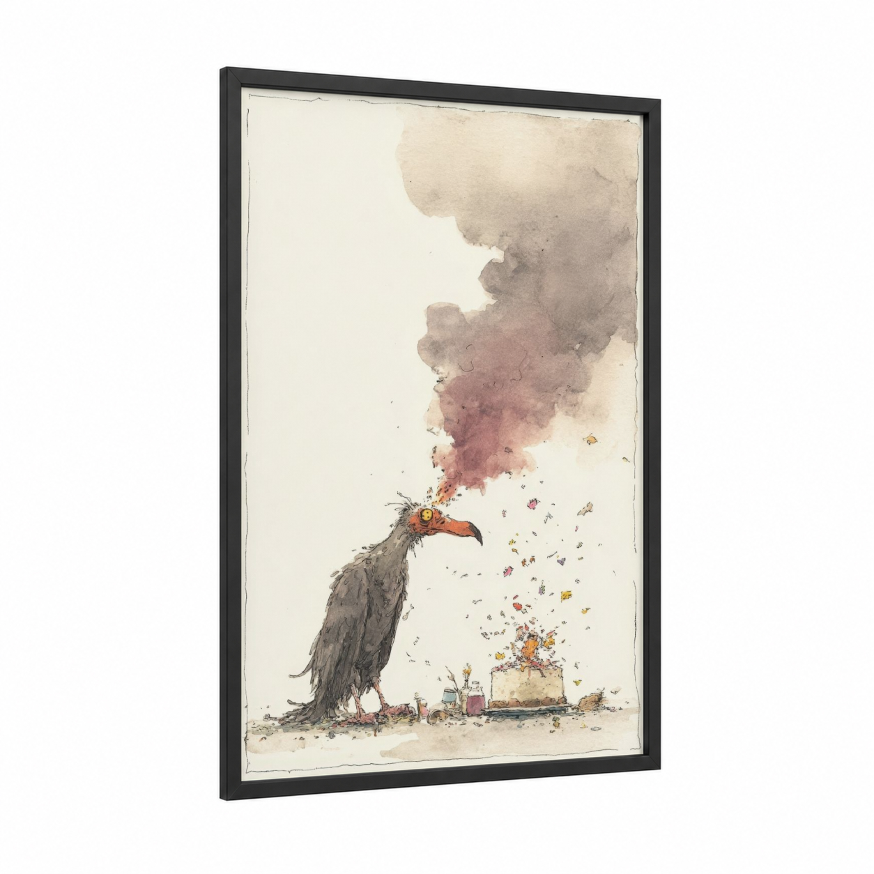 Smoke Phoenix framed art print — black wood frame — cream and dove gray palette