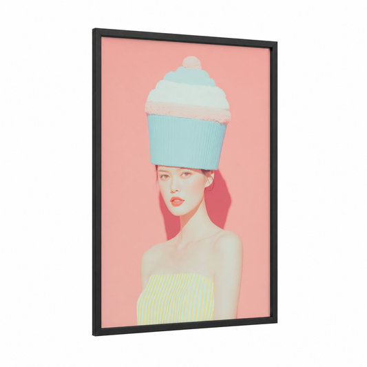 Cupcake Couture framed fashion photography print — black wood frame — peach and aquamarine palette