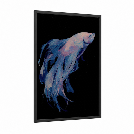 Flowing Betta Fish framed art print — black wood frame — blue and pink palette
