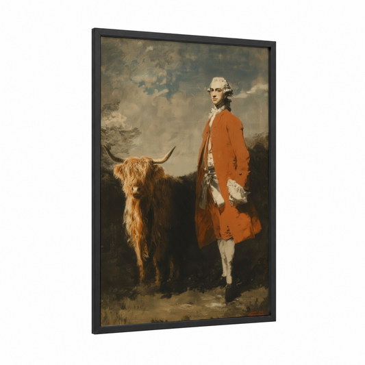 Highland Gentleman framed highland cow print — black wood frame — pumpkin and gray and white palette