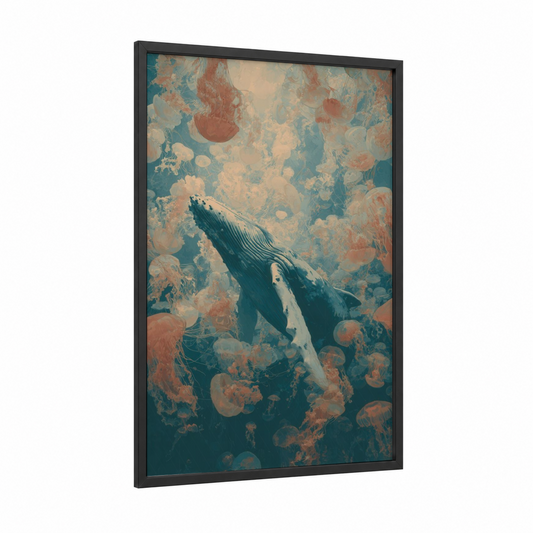 Jellyfish Whale framed humpback whale print — black wood frame — teal and salmon pink palette
