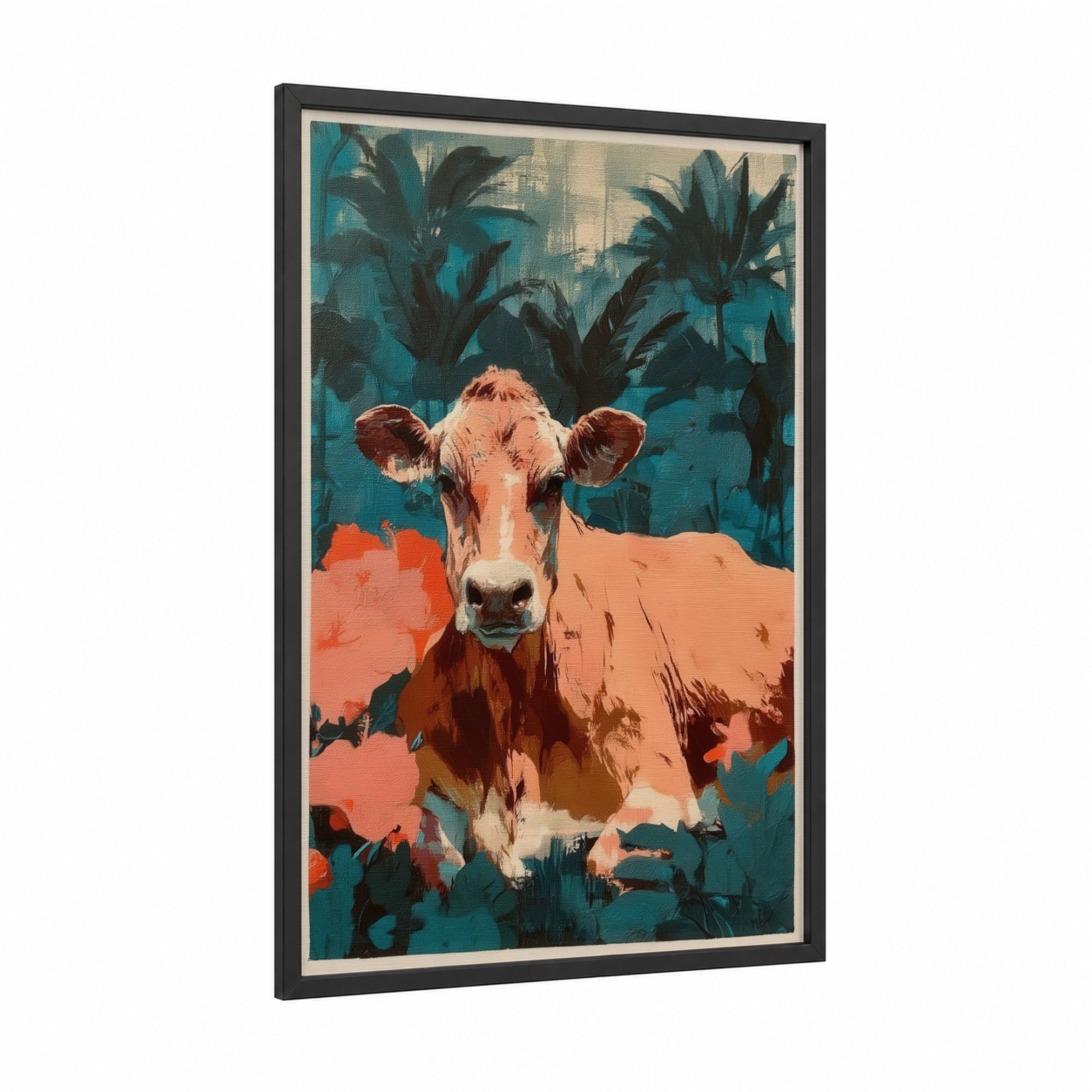 Tropical Jersey Cow framed art print — black wood frame — teal and orange palette