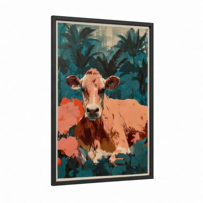 Tropical Jersey Cow framed art print — black wood frame — teal and orange palette