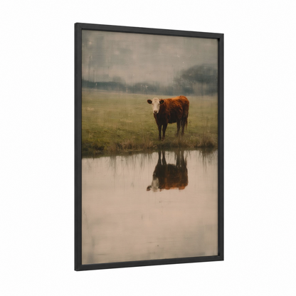 Hereford Reflection framed hereford cow print — black wood frame — gray and russet palette