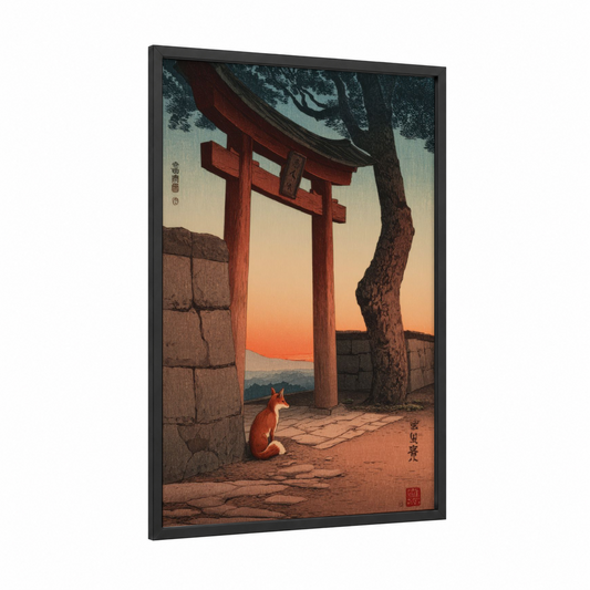 Sunset Fox framed art print — black wood frame — gold and russet palette