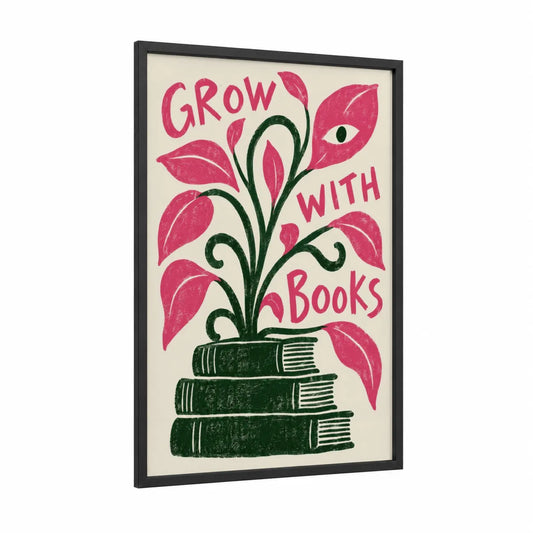 Books and Botanical Growth Wall Art framed leaf print — black wood frame — pink and true green palette