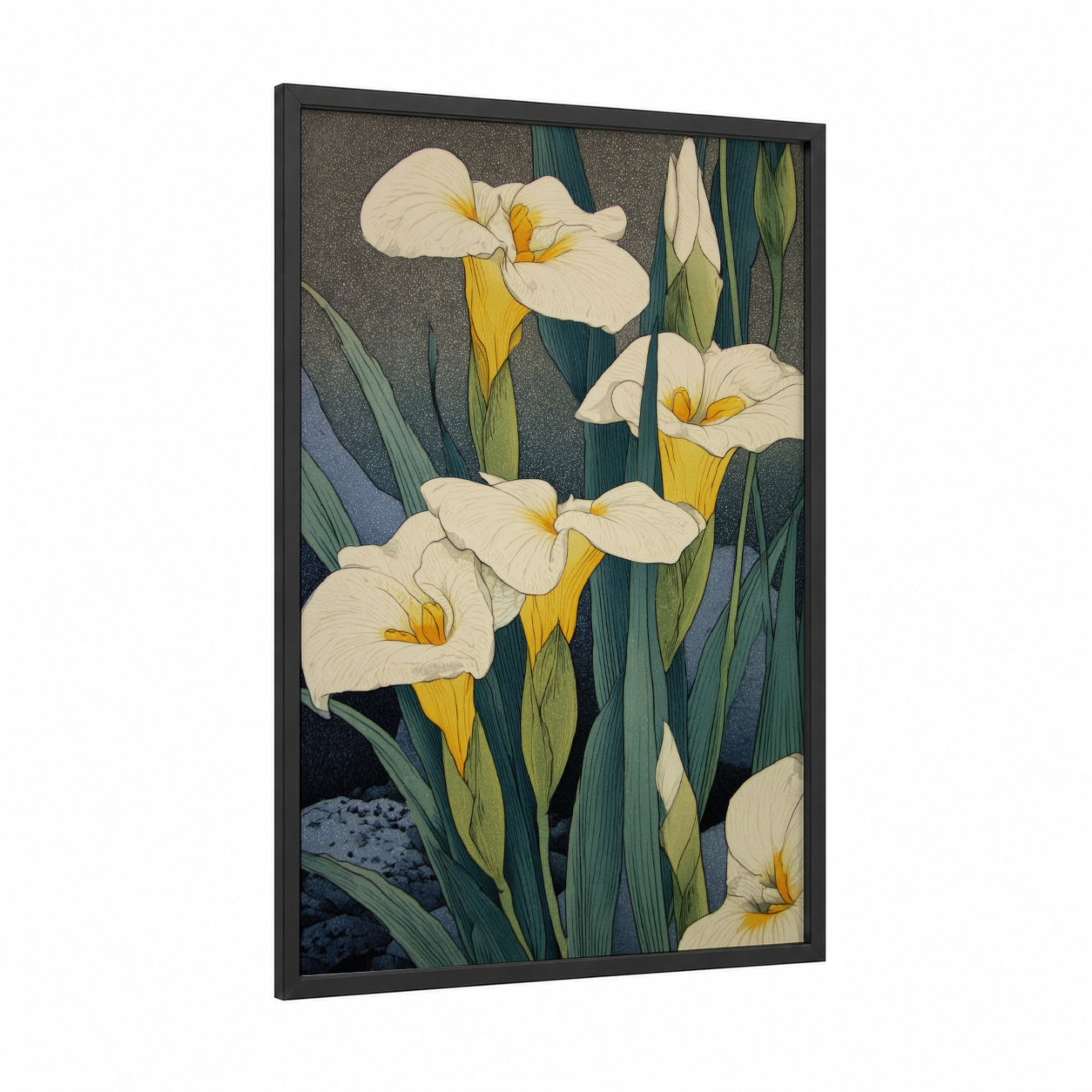 Elegant Amaryllis framed amarillys print — black wood frame — white and teal palette