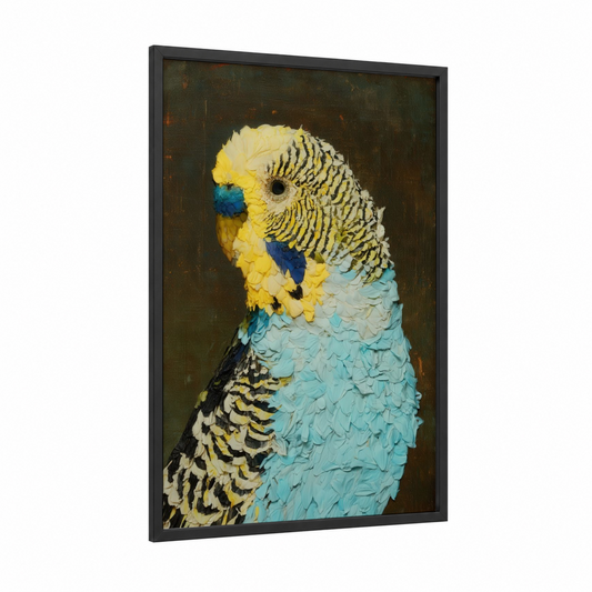 Blue Parakeet Portrait framed budgeridar print — black wood frame — turquoise and yellow gold palette