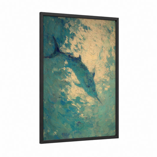 Hunting Marlin framed art print — black wood frame — teal and cream palette