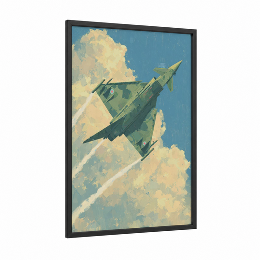 Skydive Fighter framed military plane print — black wood frame — blue and cream palette