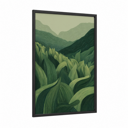 Verdant Valley framed green field print — black wood frame — sage green and light green palette