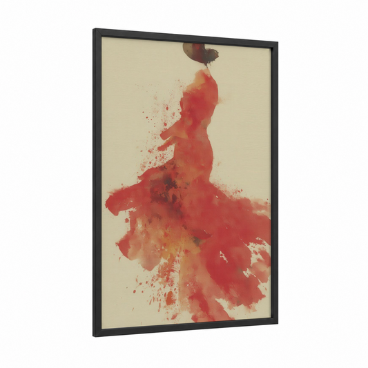 Passion in Motion framed flamenco print — black wood frame — red and cream palette