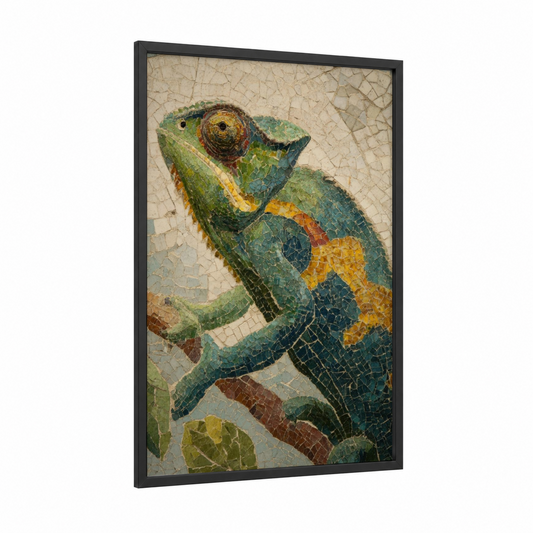 Mosaic Chameleon framed art print — black wood frame — gold and teal palette