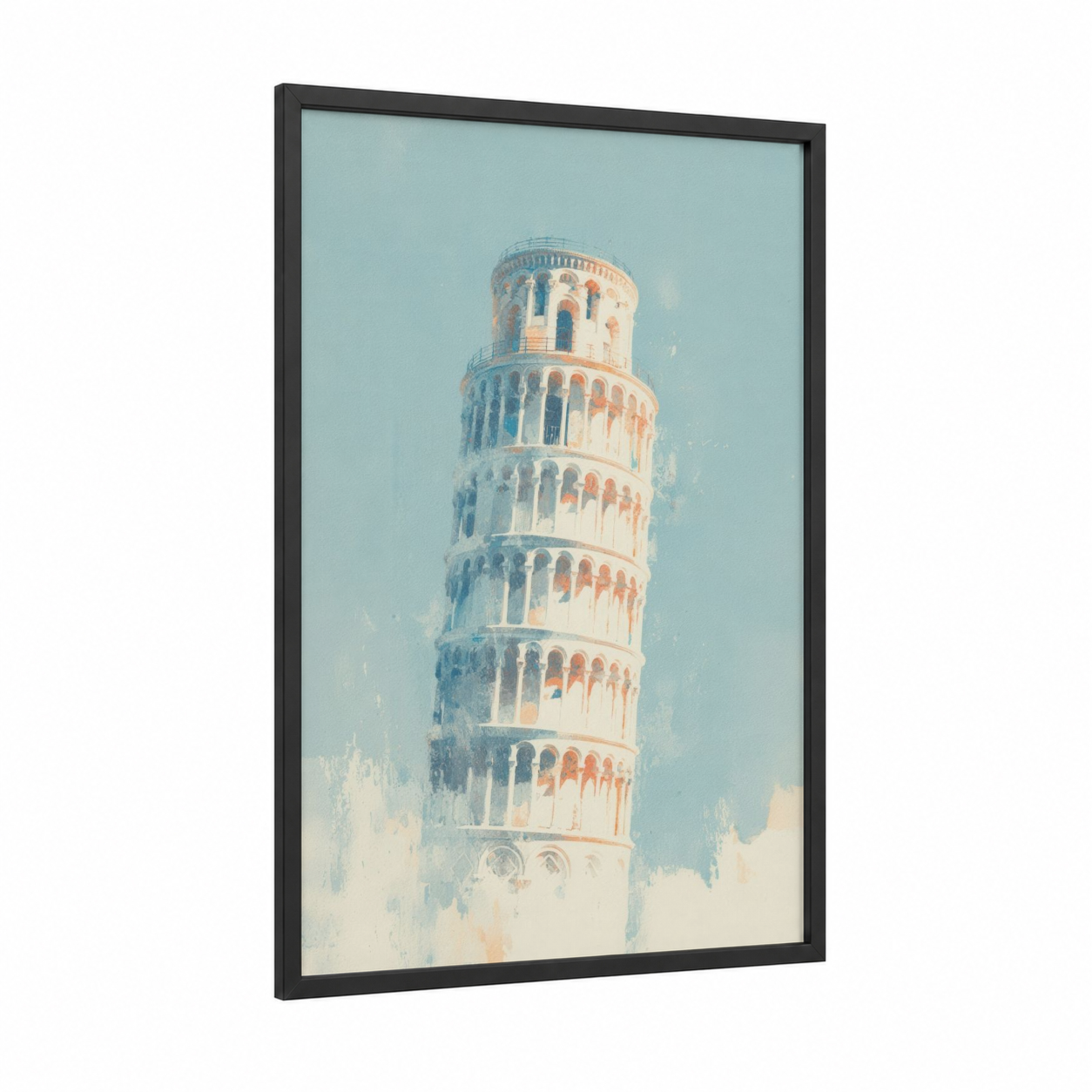 Misty Pisa Tower framed leaning tower of pisa print — black wood frame — blue and peach palette