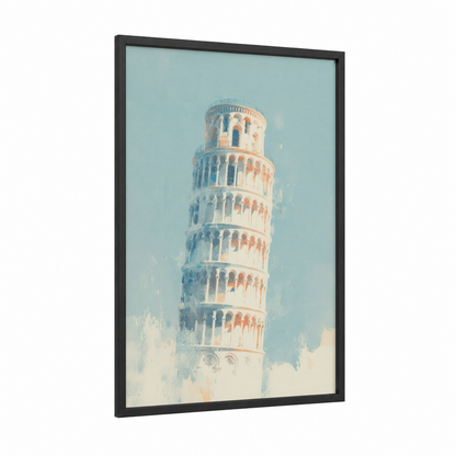 Misty Pisa Tower framed leaning tower of pisa print — black wood frame — blue and peach palette