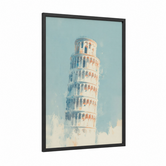 Misty Pisa Tower framed leaning tower of pisa print — black wood frame — blue and peach palette