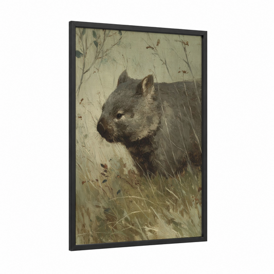 Grassland Wombat framed art print — black wood frame — sage green and brown palette