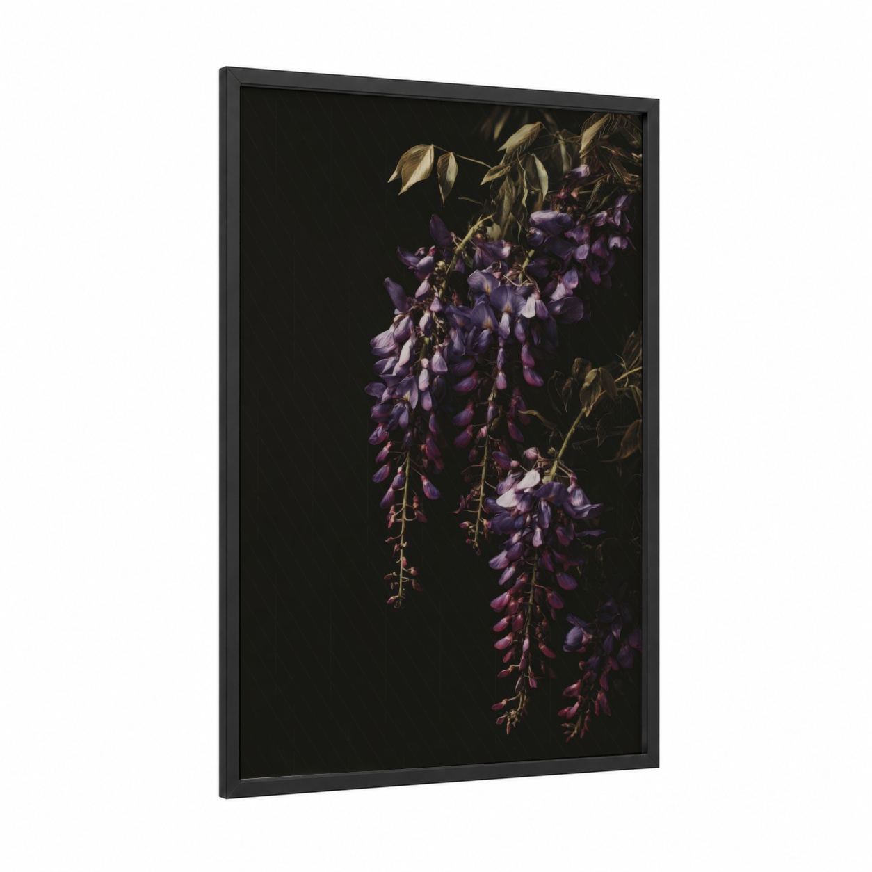 Cascading Wisteria framed art print — black wood frame — purple and gold palette