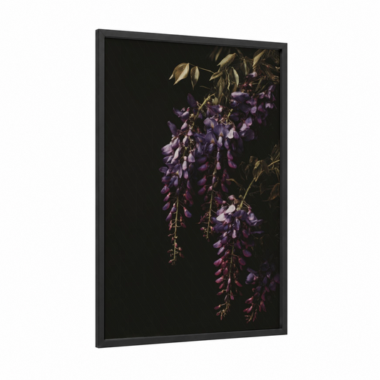 Cascading Wisteria framed art print — black wood frame — purple and gold palette