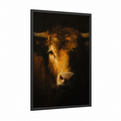 Golden Bull Portrait framed art print — black wood frame — gold and black palette