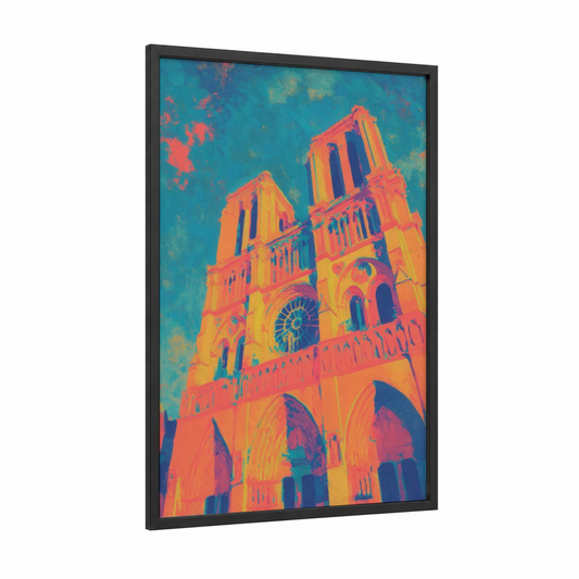 Vibrant Notre-Dame framed notre dame print — black wood frame — blue and gold palette